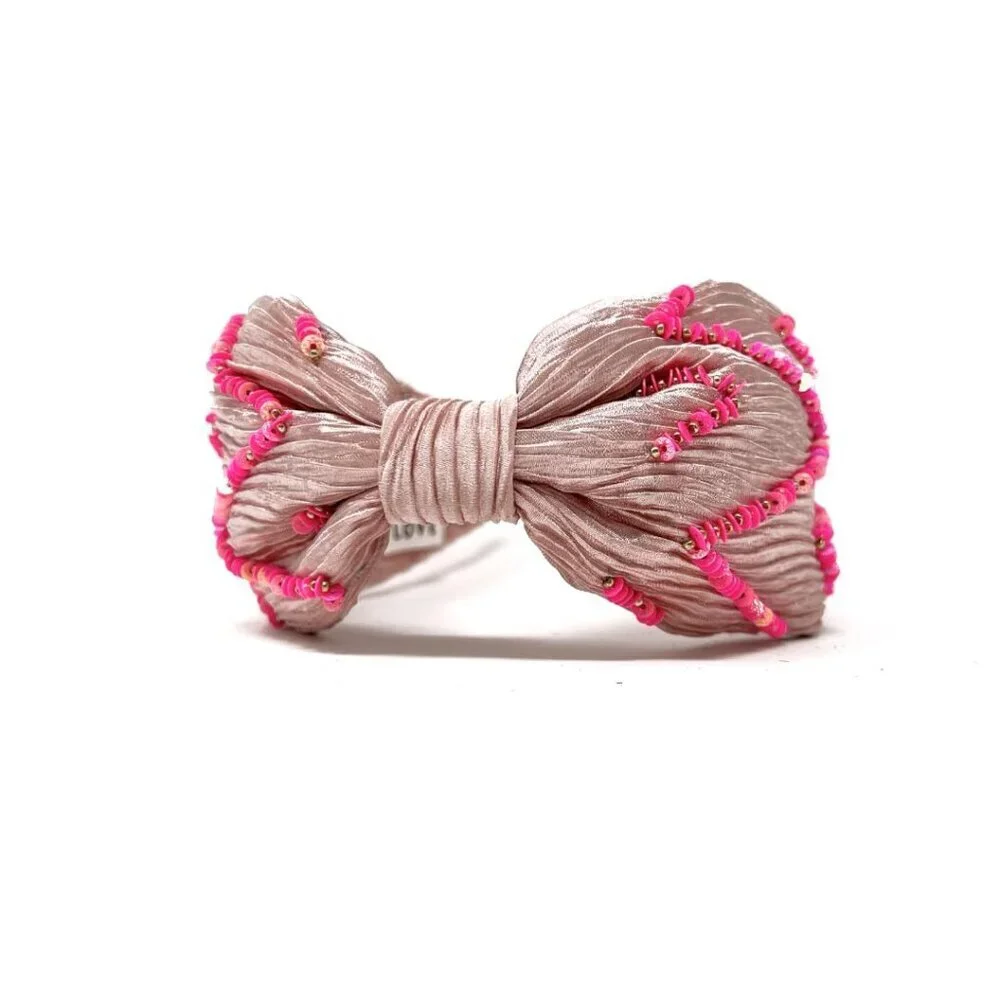 Women's Satin Headband Pink Zig Zag Crinkle Handmade Beaded Accessory